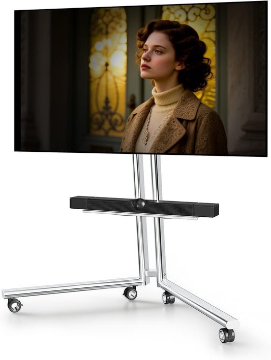 Mobiele tv-kar ezel rollende tv-standaard met soundbar-plank voor schermen van 32 tot 65 inch, minimalistisch roestvrijstalen frame met 360 ° wielen, draagbare vloer-tv's staan tot 80 lbs Max VESA