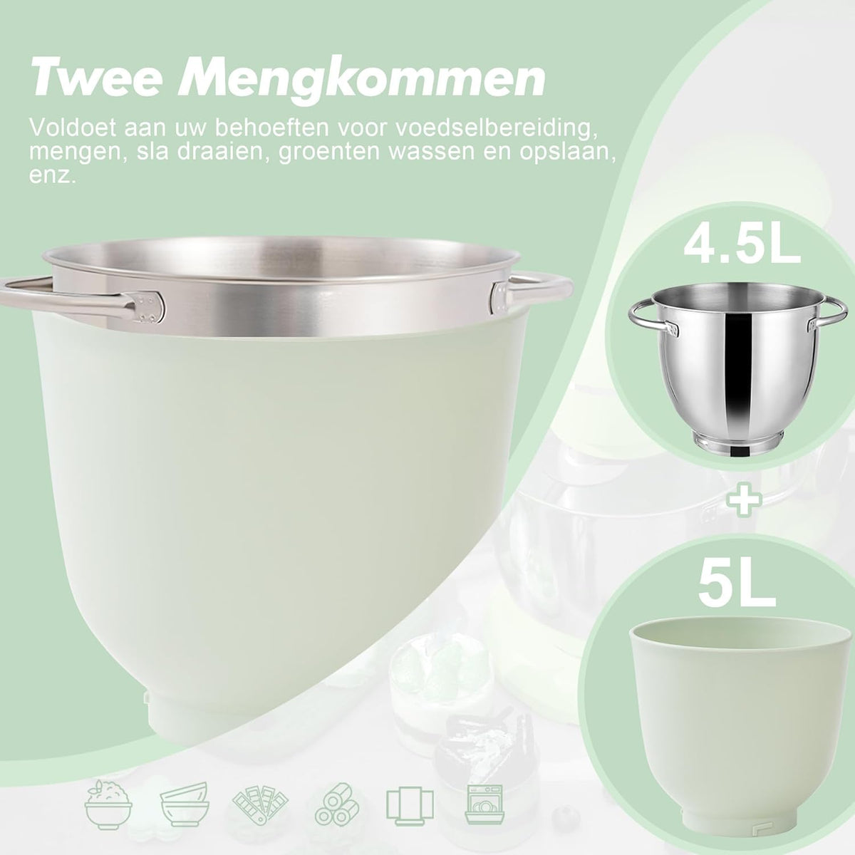 Kitchen in the Box Keukenmachine, 1300W, 10 snelheden, 4.5L + 5L mengkommen, elektrische standmixer met garde, klopper en deeghaak (Groen, 4.5L)