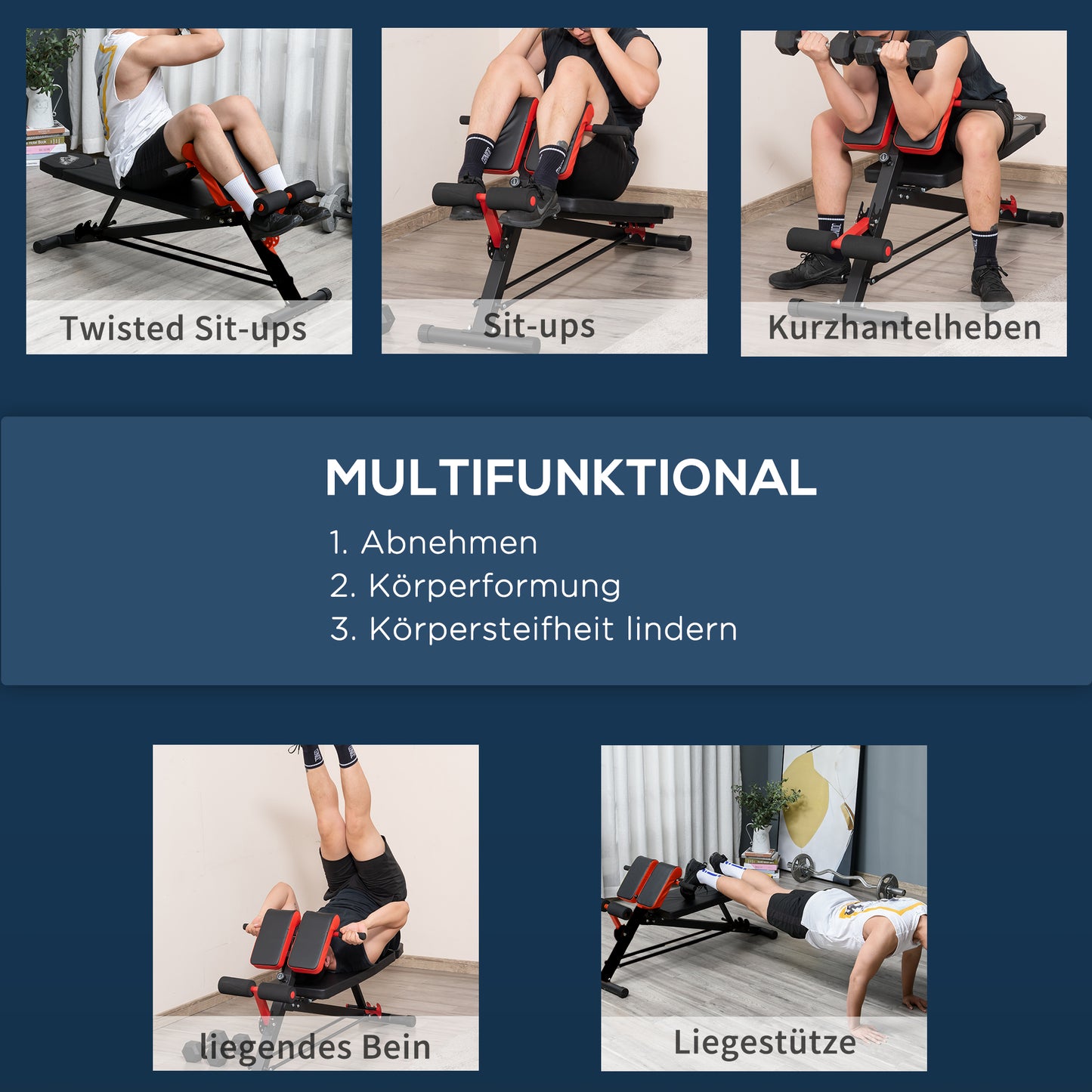 Verstelbare Fitnessbank – Multifunctionele Trainingsbank – Gewichtbank – Buikspierbank – Home Gym Bank – Zwart Rood – Stalen Frame – 7-Voudig Verstelbaar
