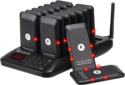 Retekess TD157 Pager Systeem, Oproepsysteem Restaurant, 16 Pagers, 300 mAh 20H, 2 Oproepmodi, Gemakkelijk te Gebruiken, Waterdicht Aanraaktoetsenbord, Semafoonsysteem voor Bar, Ziekenhuis, Hotel