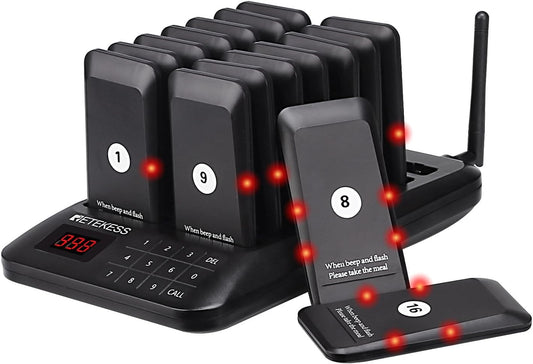 Retekess TD157 Pager Systeem, Oproepsysteem Restaurant, 16 Pagers, 300 mAh 20H, 2 Oproepmodi, Gemakkelijk te Gebruiken, Waterdicht Aanraaktoetsenbord, Semafoonsysteem voor Bar, Ziekenhuis, Hotel