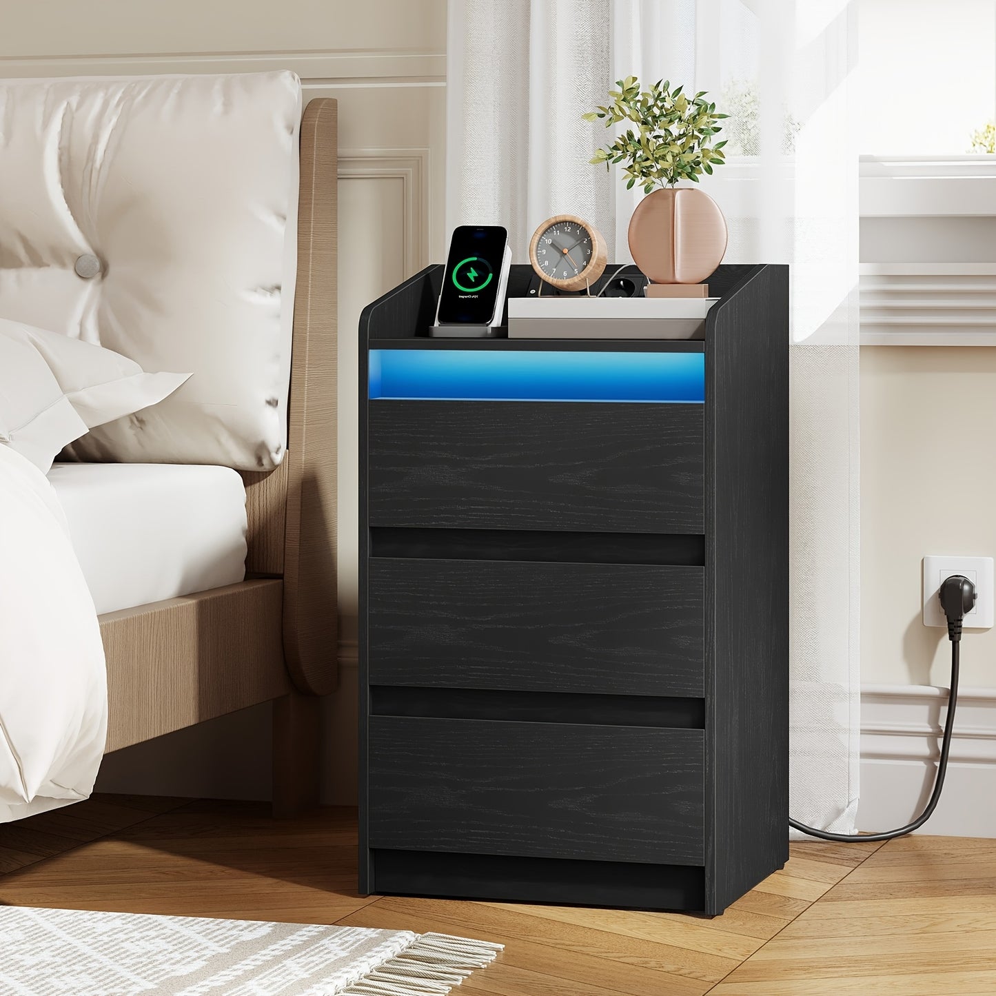 Nachtkastje – Bedside Table – Opbergkastje – Dressoir – Ladekast – Wit – Met Oplaadstation en USB – 3 Laden per Kast – LED Sfeerverlichting