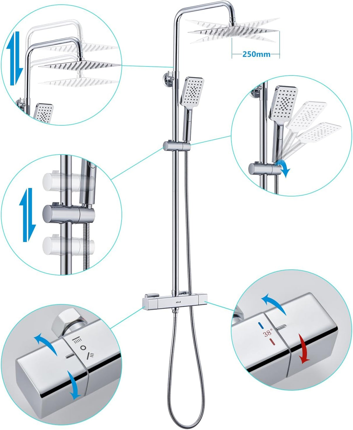 Douchesysteem met Thermostaat – Doucheset – Douchearmatuurset – Regendouche met Kraan – Complete Set met Handdouche – Vierkante Regendouche 25x25 cm – Verstelbare Douchestang – Duurzaam Chroom