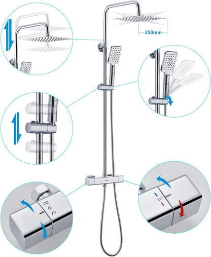 Douchesysteem met Thermostaat – Doucheset – Douchearmatuurset – Regendouche met Kraan – Complete Set met Handdouche – Vierkante Regendouche 25x25 cm – Verstelbare Douchestang – Duurzaam Chroom
