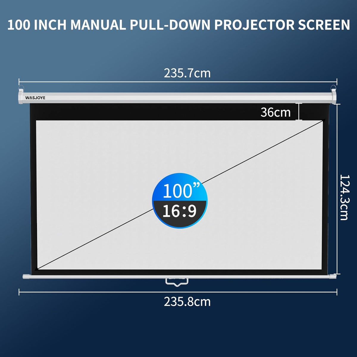 WASJOYE Handmatig projectiescherm met universeel 100 inch oprolbaar handmatig projectiescherm met automatische vergrendeling, instelbare schermhoogte, maskerrand