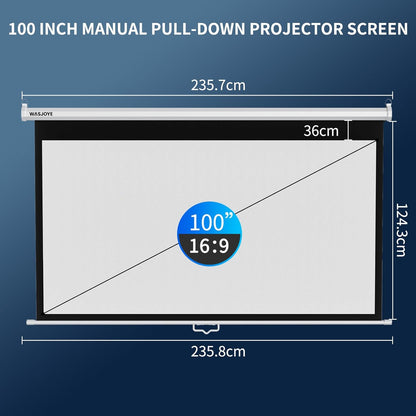 WASJOYE Handmatig projectiescherm met universeel 100 inch oprolbaar handmatig projectiescherm met automatische vergrendeling, instelbare schermhoogte, maskerrand
