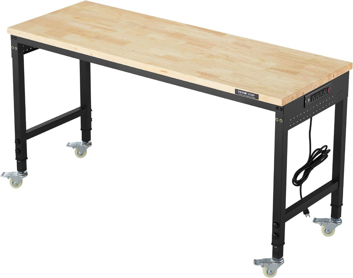 VEVOR 60 Inch Adjustable Workbench, 900 kg Load, Workbench with Socket, Wheels and Pegboard, Heavy Duty Oak Work Table for Garage, Workshop, Office and Home