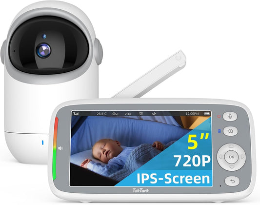 TakTark Babymonitor, 5 inch 720p IPS babymonitor, video en audio, 3050 mAh kindercamera met VOX-monitor, nachtzicht, bidirectionele gesprekken, temperatuuralarm