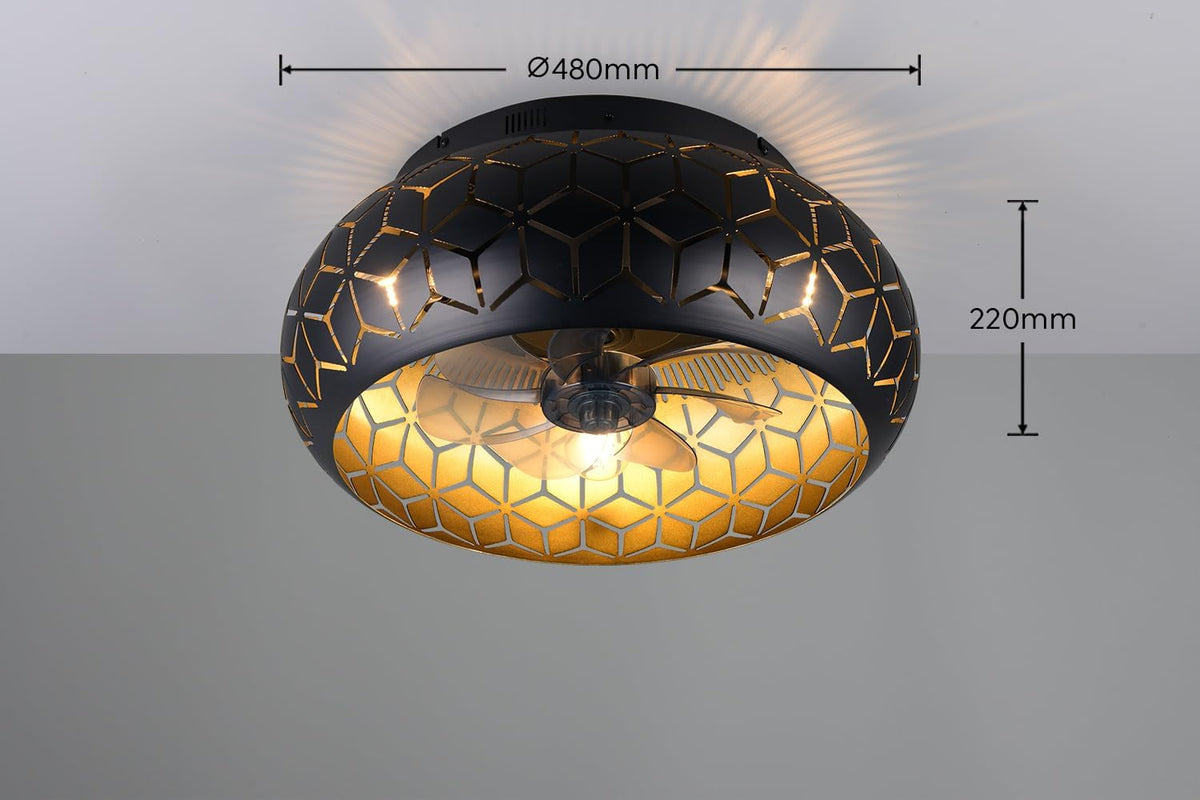 Reality Leuchten Fan BIDAR R61574031, matzwart/goud, metaal, 15 W, 3 x E27, apart schakelbaar