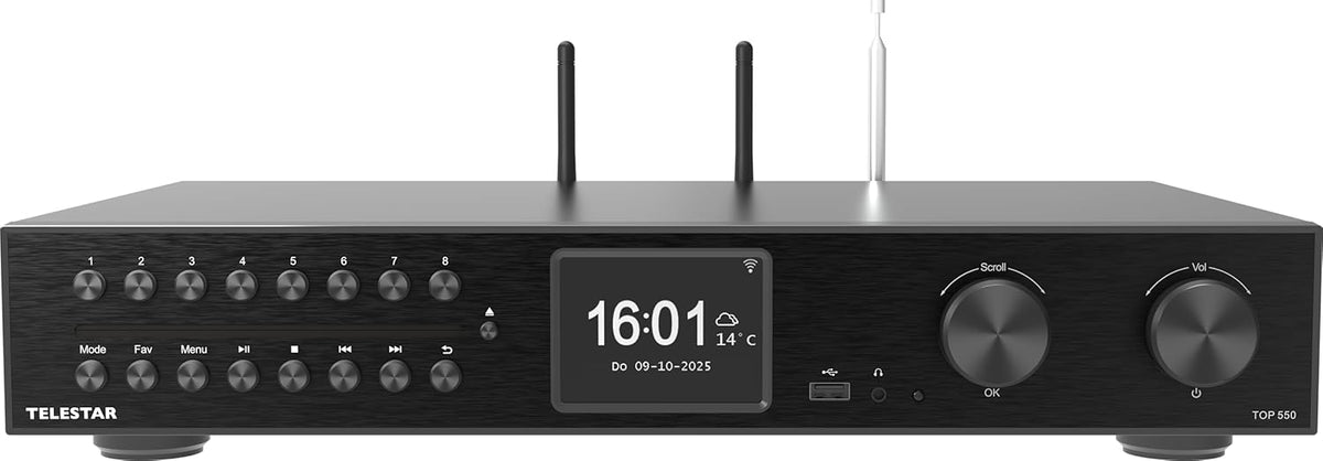 TELESTAR TOP 550 HiFi-systeem met versterker en cd-speler (43 cm breedte, 2 × 30 W, internetradio/DAB+, Bluetooth zend-/ontvangstfunctie, USB-opname, streamingdiensten) - zwart