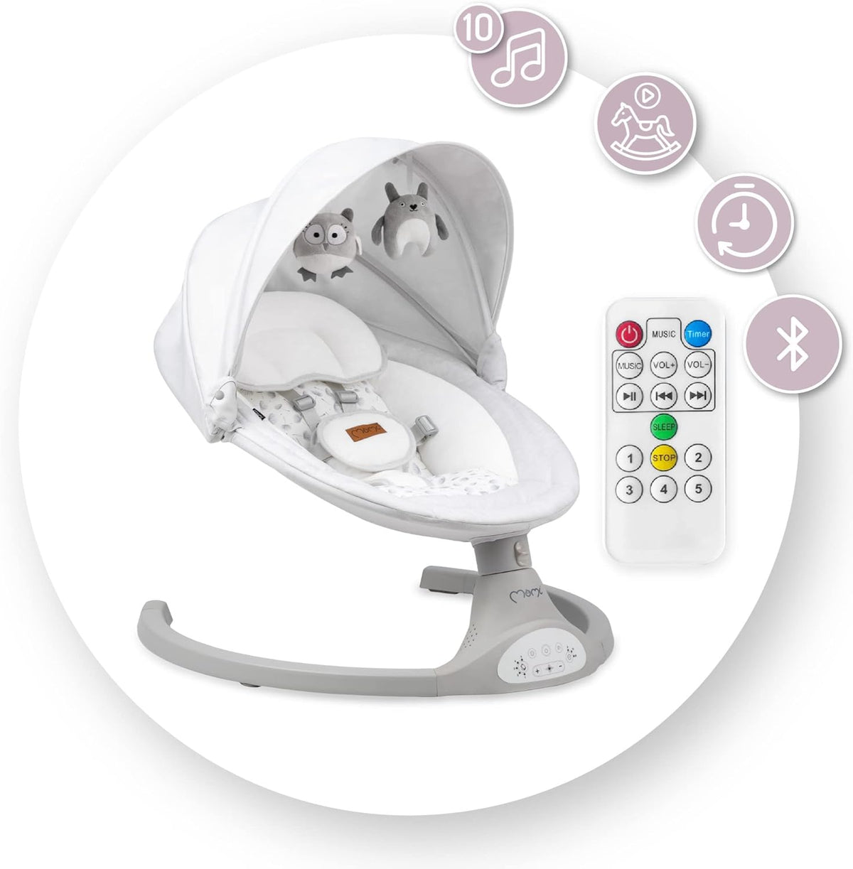 MOMI KENANI Rocking Chair for Children up to 9 kg Weight Foldable with Remote Control and Bluetooth for Connecting to Smartphone, Batteries and Mains with 5-Point Safety Belt - QUORE