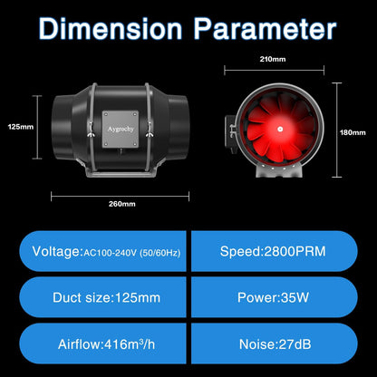 Buisventilator, 125 mm, wifi-app, met temperatuur- en vochtigheidsregelaar, afvoerventilator 2800 tpm, buisventilator 416 m³/h, voor groeitenten, ventilatie, hydrocultuur