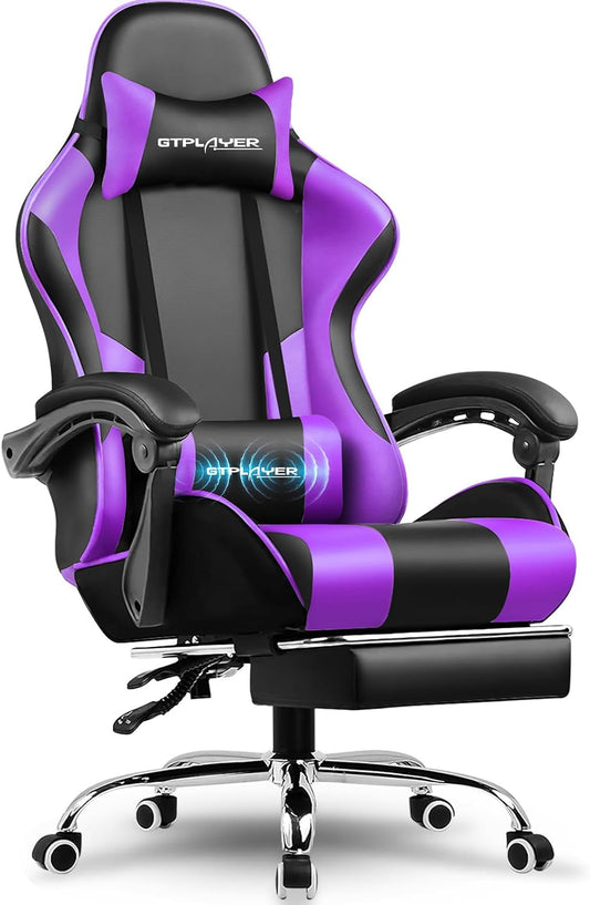 GTPLAYER Gamingstoel, bureaustoel, ergonomische pc-stoel, gamingstoel met massagesteun, task stoelen met voetensteun en hoofdsteun, paars kunstleer