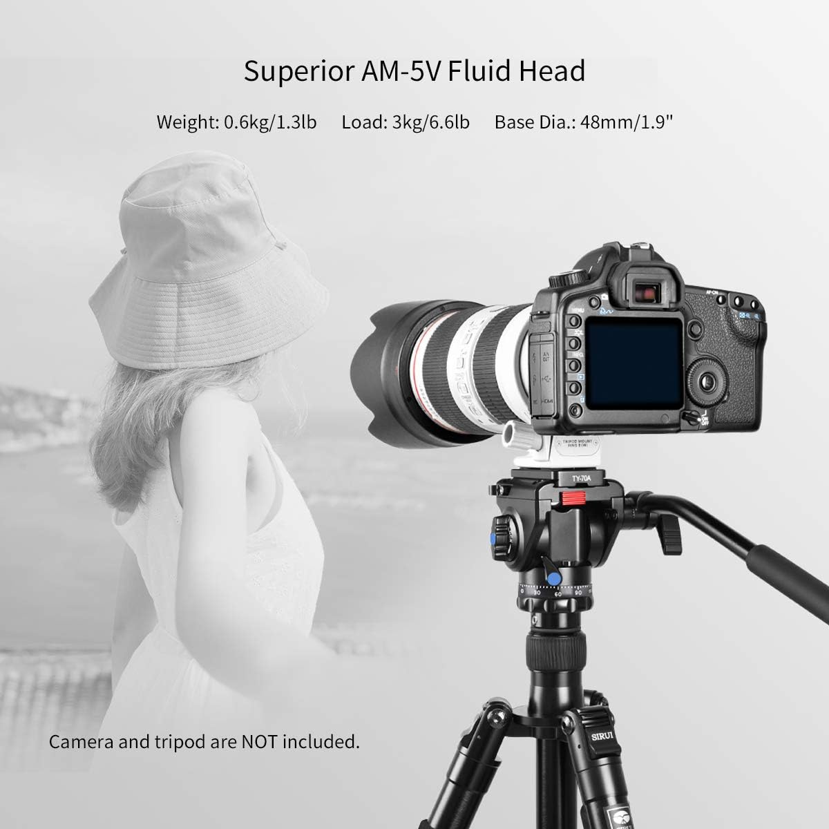 SIRUI AM-5V Fluid videokop, lichtgewicht, 360° panorama, draaibare kantelhoek met Arca Swiss snelkoppelingsplaat, draagkracht 3 kg, voor videocamera, DSLR-camera