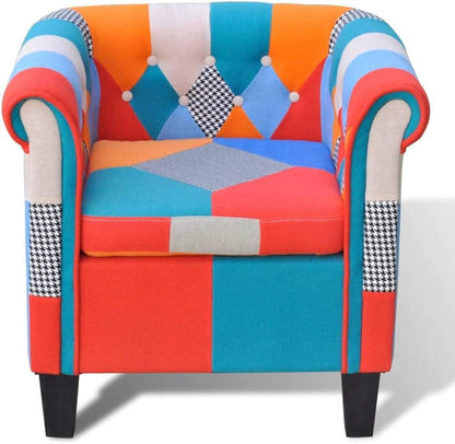 Leesstoel – Cocktailstoel – Gestoffeerde Stoel – Fauteuil – Patchwork Design – Ergonomische Rugleuning – Duurzaam Multiplex & Grenenhout