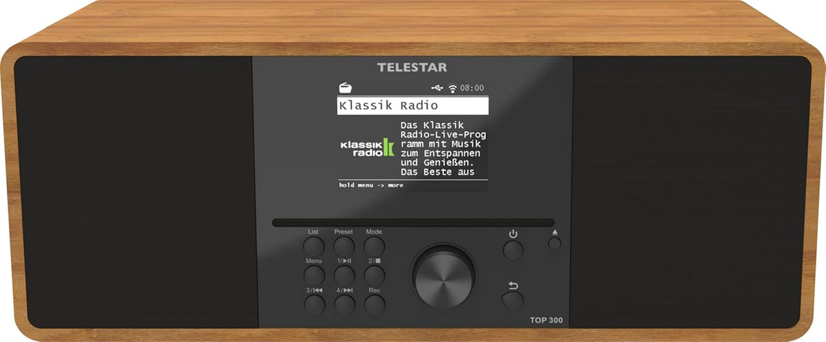 TELESTAR TOP 300 – DAB+/internetradio met cd-speler (stereo, 2 × 15 W, streamingdiensten, Bluetooth zend-/ontvangstfunctie, USB-opname, noodwaarschuwingssysteem) – hout