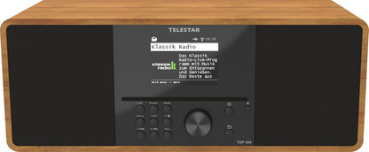 TELESTAR TOP 300 – DAB+/internetradio met cd-speler (stereo, 2 × 15 W, streamingdiensten, Bluetooth zend-/ontvangstfunctie, USB-opname, noodwaarschuwingssysteem) – hout
