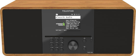 TELESTAR TOP 300 – DAB+/internetradio met cd-speler (stereo, 2 × 15 W, streamingdiensten, Bluetooth zend-/ontvangstfunctie, USB-opname, noodwaarschuwingssysteem) – hout