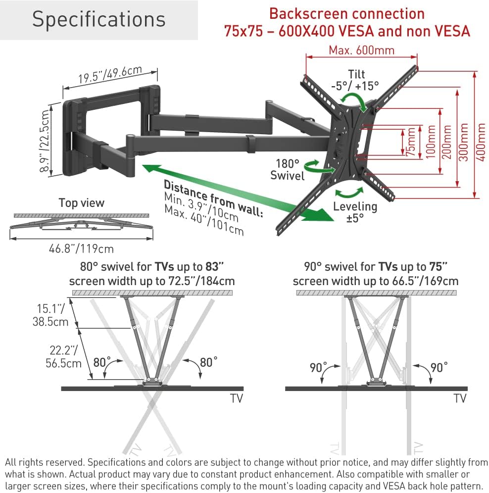 Barkan 1 meter lange tv-wandbeugel, 13-80 inch dubbele arm, zwenkbaar/volledige beweging plat en gebogen televisie tv-beugel, houdt tot 50 kg, extra stabiel, 101 cm, voor LED OLED LCD, max. VESA