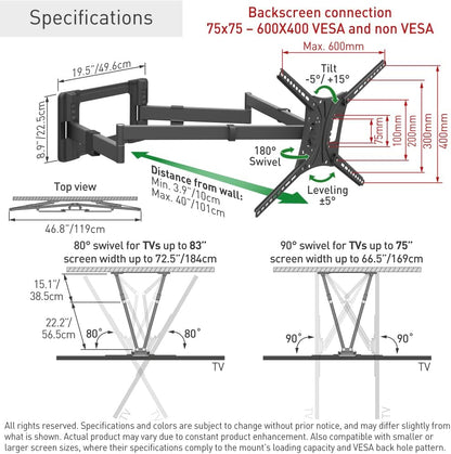 Barkan 1 meter lange tv-wandbeugel, 13-80 inch dubbele arm, zwenkbaar/volledige beweging plat en gebogen televisie tv-beugel, houdt tot 50 kg, extra stabiel, 101 cm, voor LED OLED LCD, max. VESA