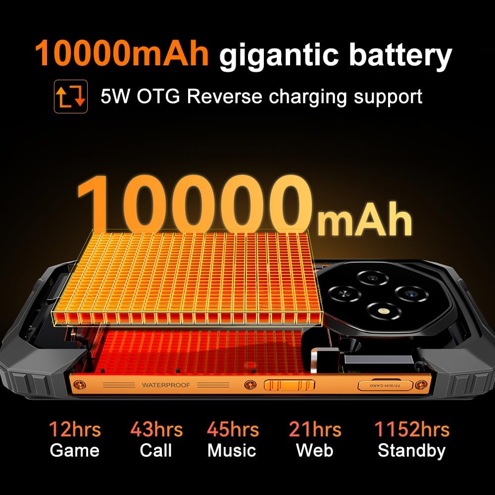 Blackview Fort 1 Android 15 Outdoor mobiele telefoon zonder abonnement, 2025, 18 GB + 256 GB outdoor smartphone 4G, 16MP AI camera, 6,56 inch HD+ beeldscherm, 10000 mAh, IP68 waterdicht