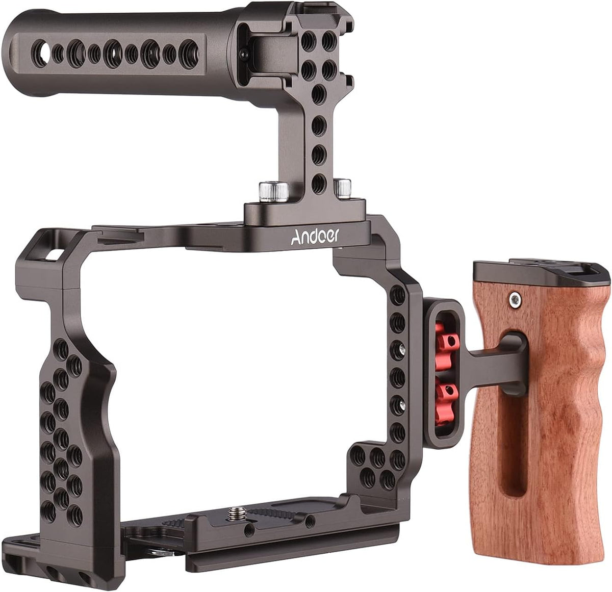 Andoer Camera Rig Vervangingsset van aluminiumlegering met houten handvat aan de bovenkant van de video voor Sony A7R III, A7 II, A7III