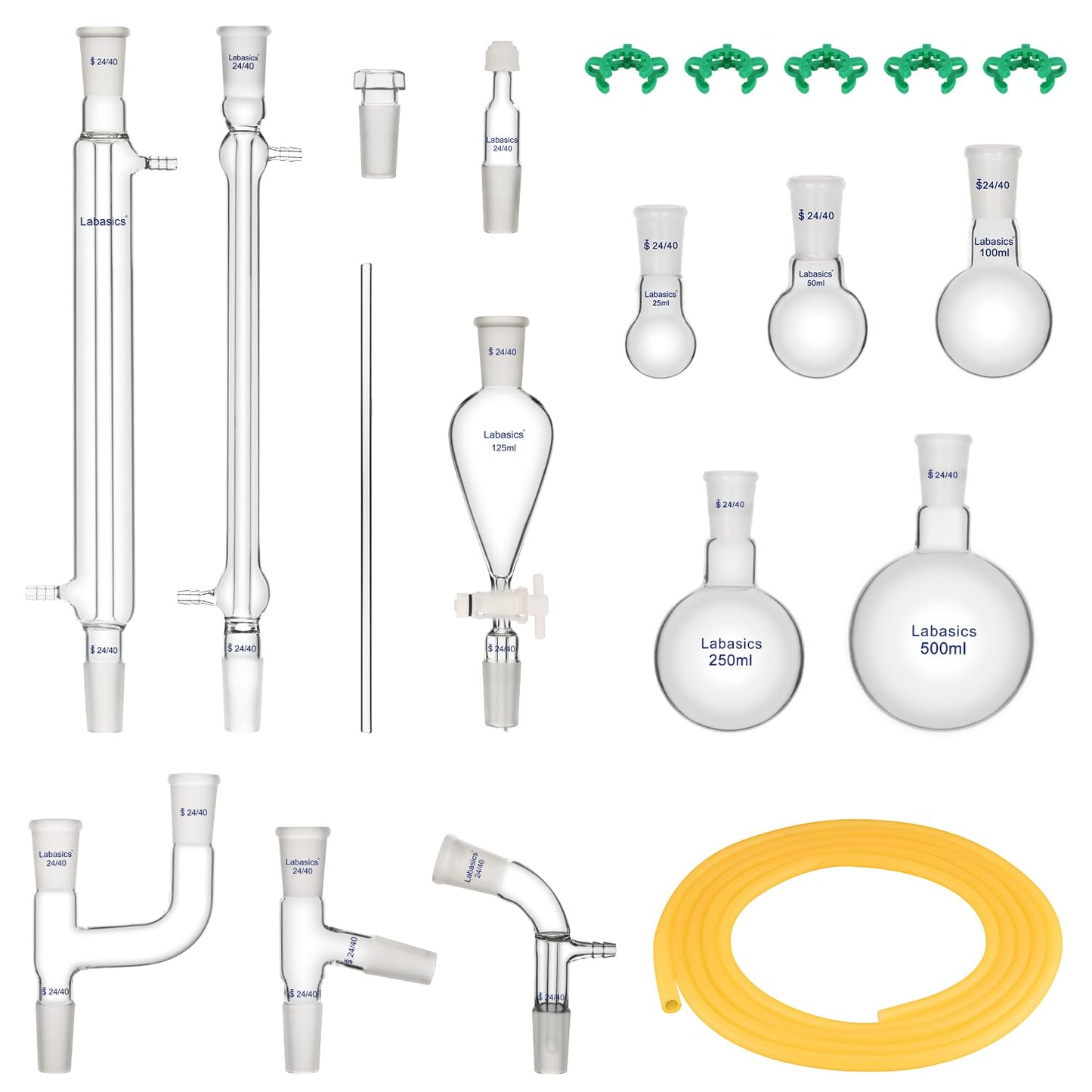 Labasics Laboratorium Destillatie Kit voor Extractie, 500 ml 20 Pcs Borosilicaat Glas Destillatie Apparatuur voor 24/40 Stoom Destillatie Set Glaswerk