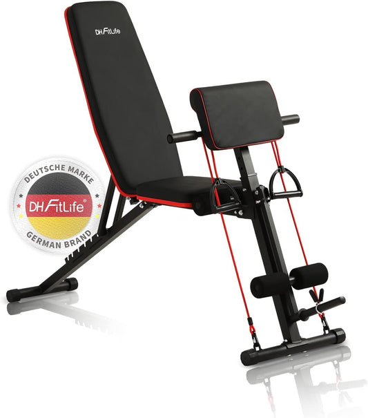 DH FitLife Halterbank, inklapbaar, met curlbank en beenstrekker, multifunctionele trainingsbank, fitnessbank, buiktrainer, 7 niveaus, verstelbaar
