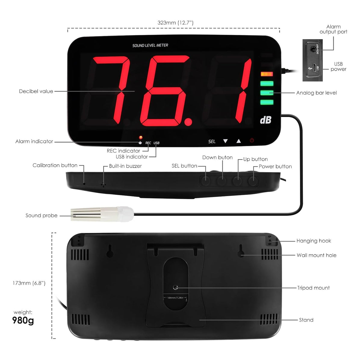 Decibel geluidsniveaumeter om op te hangen aan de muur, geluidsniveaumeter met 16,4 voet geluidssensor, akoestisch en visueel alarm geluidsmeter voor het bewaken van het niveau van