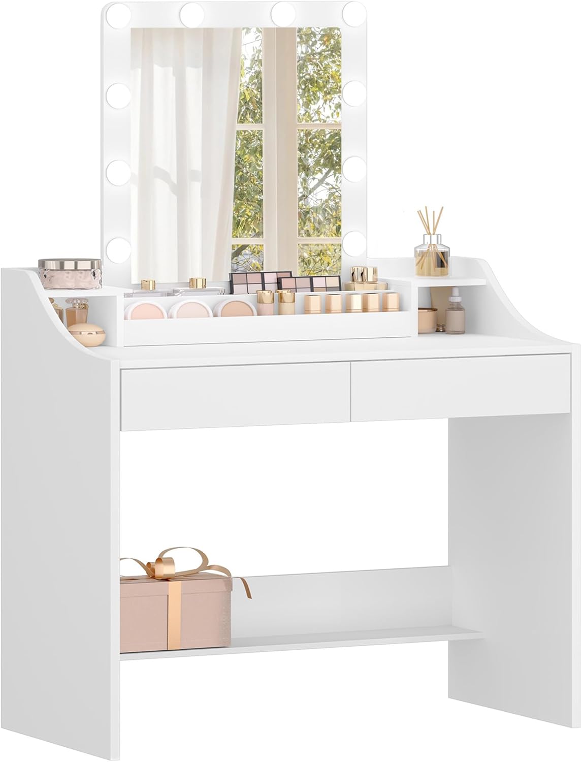 Hzuaneri Dressing Table 90cm with LED Lighting, Adjustable Brightness, Dressing Table with Mirror, Sideboard with 2 Drawers and 2 Open Compartments, Modern, WhiteDT40703X