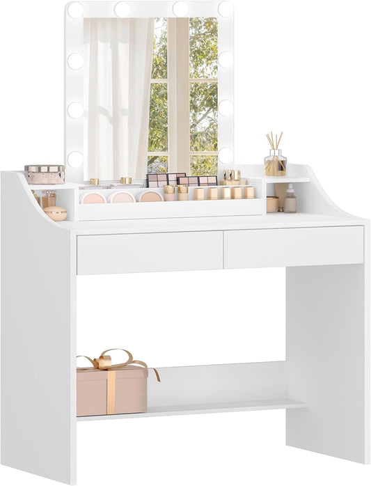 Hzuaneri Dressing Table 90cm with LED Lighting, Adjustable Brightness, Dressing Table with Mirror, Sideboard with 2 Drawers and 2 Open Compartments, Modern, WhiteDT40703X