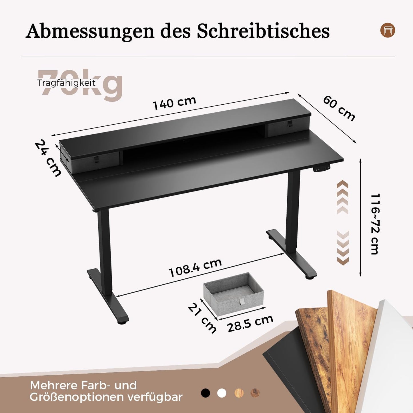 Klicelor Verstelbaar Bureau in Hoogte met Dubbele Lades, Elektrisch Verstelbaar Bureaux in Hoogte, Ergonomisch Sta bureau, 140x60, Zwart