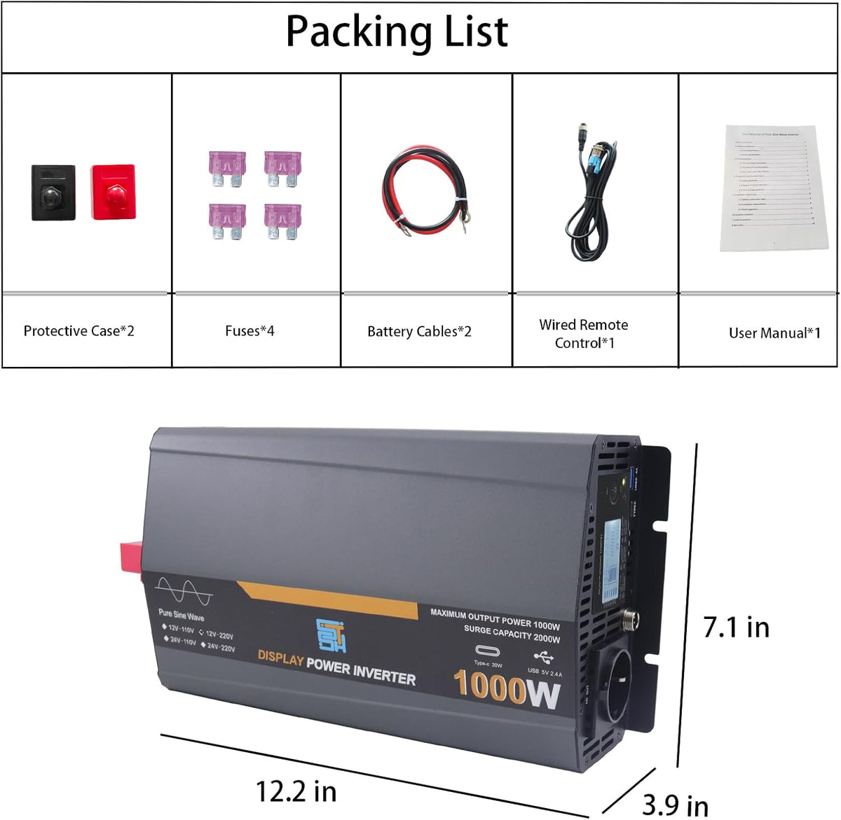 1000W pure sine wave inverter, 12V to 230V, auto-converter, grid-independent solar inverter with LCD display, 1 type C, 1 USB port, remote control,