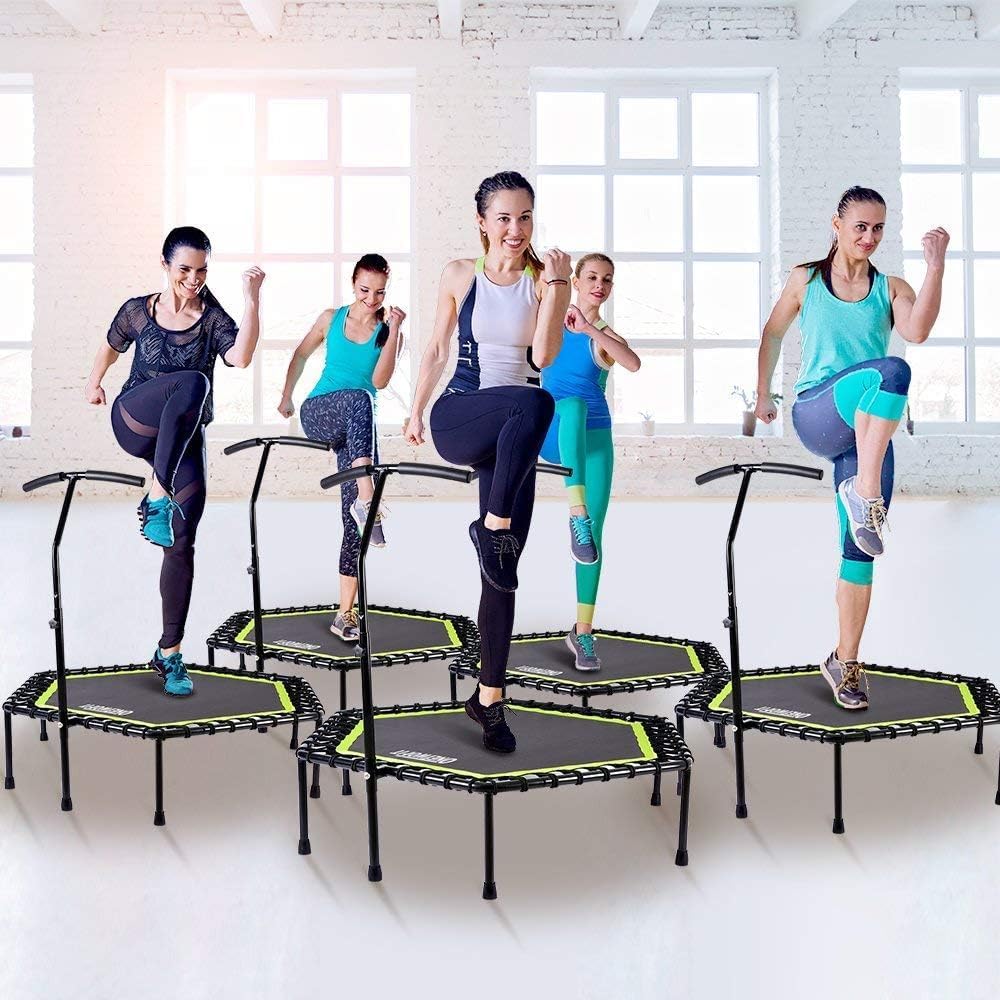OneTwoFit Diameter stille trampoline met in hoogte verstelbare handgreep, fitnesstrampoline training zoals in de fitnessstudio trainer workout voor volwassenen