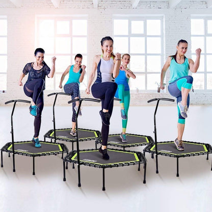 OneTwoFit Diameter stille trampoline met in hoogte verstelbare handgreep, fitnesstrampoline training zoals in de fitnessstudio trainer workout voor volwassenen