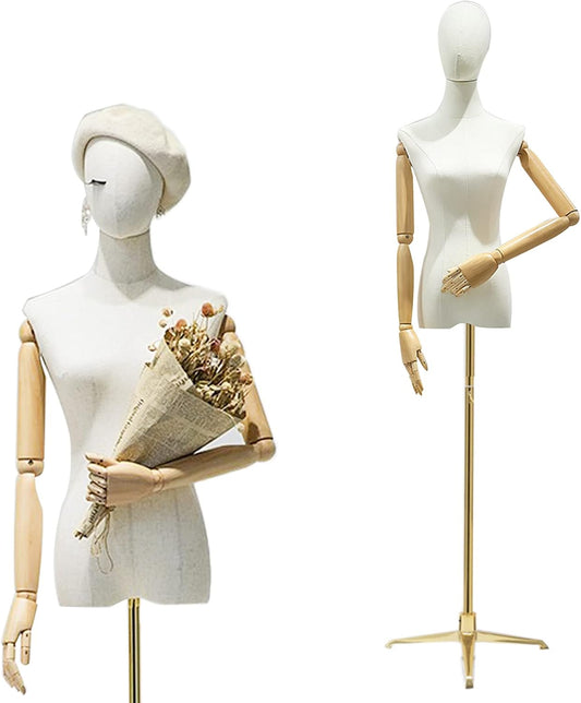 Vrouwelijke mannequin torso – Paspop – Etalagepop – Kleermakersbuste – Displaypop – Verstelbare hoogte 132-200 cm – Stevige metalen voet en linnen bekleding