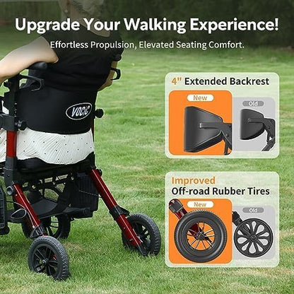VOCIC 2 in 1 Rolstoel Rollator Opvouwbaar en Licht met Zitting, Outdoor Gumbanden voor Alle Terreinen, Lichtgewicht Rollatoren met Nettas, Aluminium Loophulp Transport-Stoel, Rood (5 Jaar