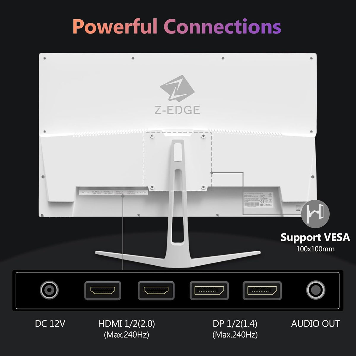 Z-Edge Gaming Monitor White 27'' 240Hz, IPS Panel, 1ms, Display White FHD(1920x1080) with HDMI Cable, FreeSync, 400cd/m², HDMI2.0*2 & DP1.4*2, Adjustable Tilt, Ultra Slim Frame, VESA Mountable