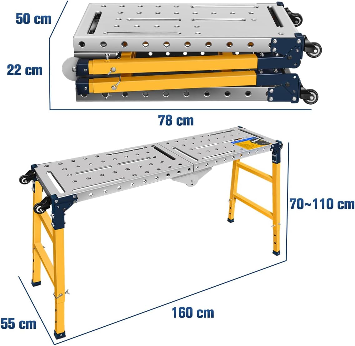 Veelzijdig draagbaar stalen werkplatform en lastafel met wielen | 36 x 140 cm gegalvaniseerd tafelblad | 500 kg draagvermogen | Verstelbare hoogte