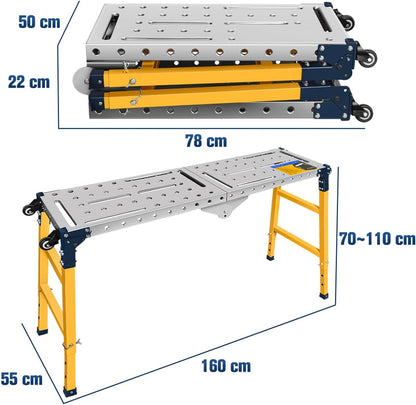 Veelzijdig draagbaar stalen werkplatform en lastafel met wielen | 36 x 140 cm gegalvaniseerd tafelblad | 500 kg draagvermogen | Verstelbare hoogte
