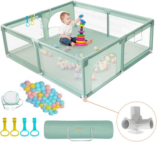 COMOMY Baby Playpen 180 x 150 x 66 cm Playpen for Babies and Toddlers, Large Playpen with Activity Centre for Children, Indoor & Outdoor, Playground with Non-Slip Bottom, Breathable Mesh (Green) - QUORE