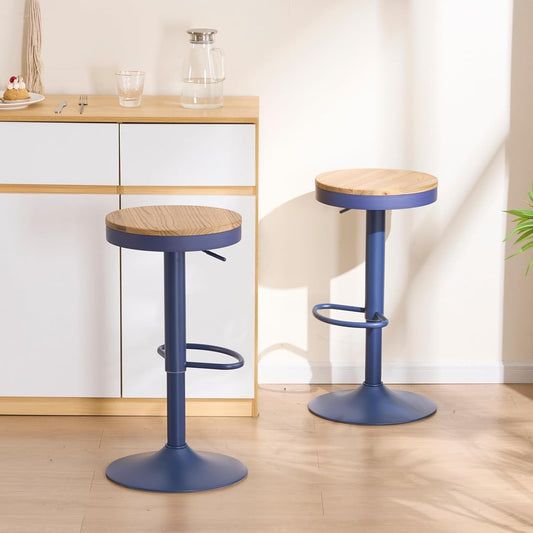 YOUNIKE Barkruk, set van 2, hout, in hoogte verstelbaar, draaibaar, barkruk, keukenkruk, hoogte barstoelen met voetensteun, voor bar, keuken, draaikruk van massief metaal, marineblauw