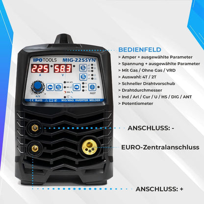 IPOTOOLS MIG-225SYN Inverter lasapparaat MIG MAG - beschermingsgas lasapparaat met 225 ampère, synergic-functie, vuldraad en elektroden, E-hand, digitaal display, IGBT, 230 V