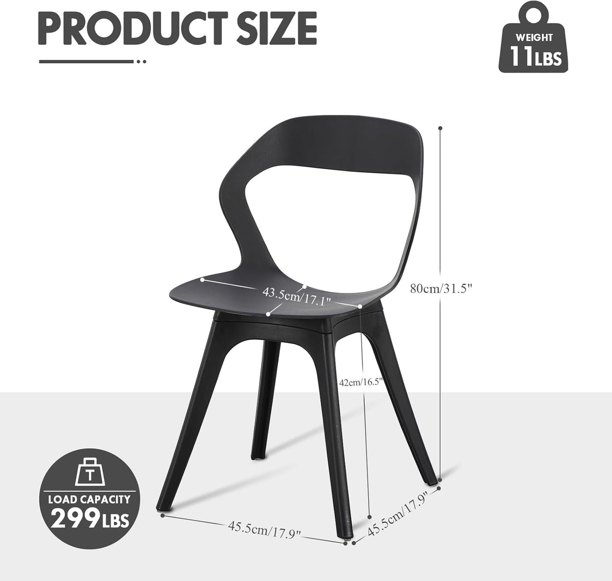 Plastic Eetkamerstoelen - Set van 4 Moderne Buitenkeukenstoelen voor Patio/Woonkamer - Zware Eetkamerstoel met Holle Rug - Mid Century Zijstoel voor Buiten, Bistro, Café - Zwart