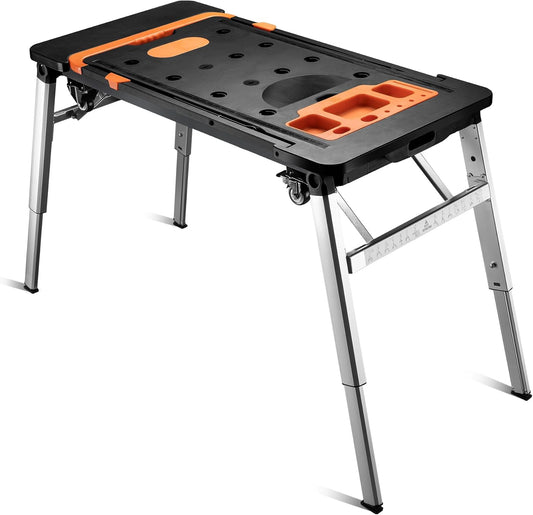 Wiltec werktafel 7-in-1 multifunctionele werkbank als zaagbok werkplatform rolplank transportwagen handkar ligkar trolley steiger van aluminium staal plastic met remmen en haak
