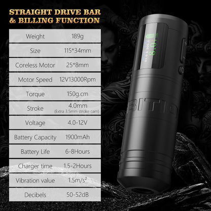 Ambition Ninja Ultra Draadloze tattoo-machine met intelligente factureringsfunctie - Roterende cartridge-pen met 2 stuks 1900 mAh tattoo-pistool Coreless Motor Straight Drive Bar