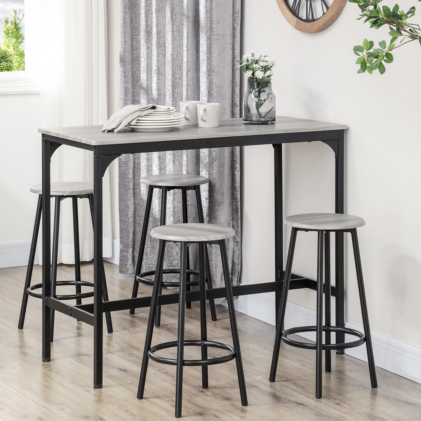Barset – Bistro Set – Bartafel – Barkrukken – Eettafel – Compact Design – Metaal Frame – Grijs Melamine Tafelblad