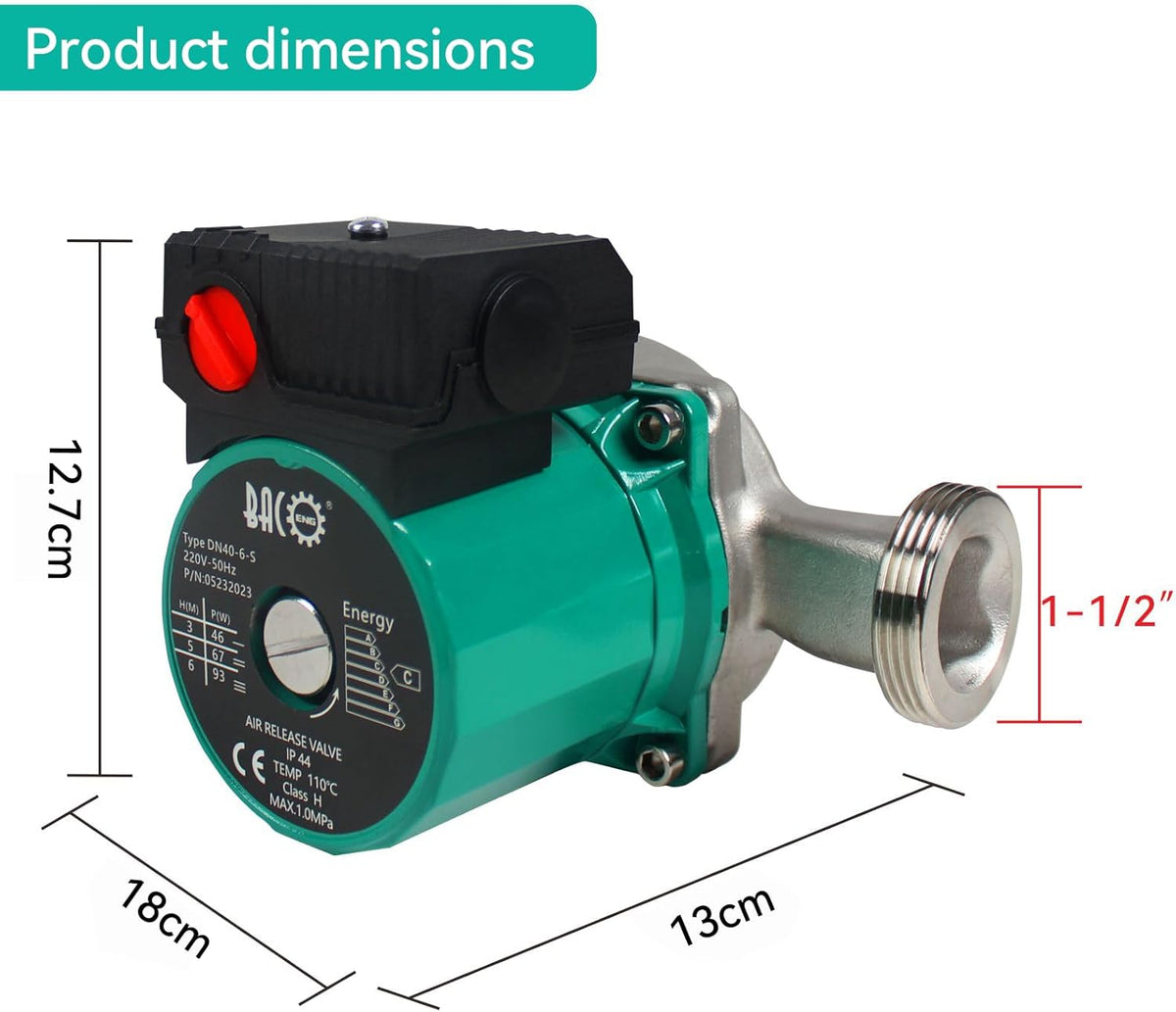 BACOENG Verwarmingspomp, circulatiepomp RS 25-6/180 mm circulatiepomp voor centrale verwarming, 220 V/50 Hz, materiaal roestvrij staal