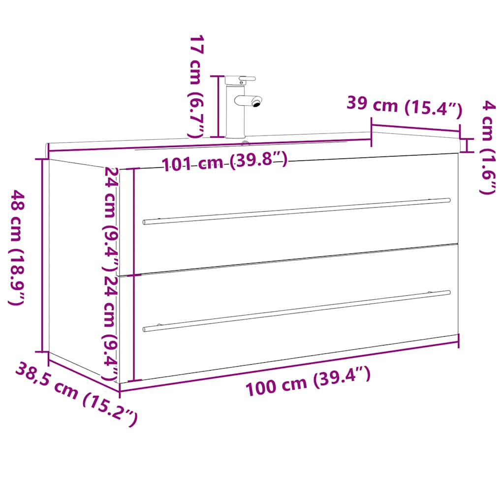 Badkamermeubelset – Badmeubel – Wastafelmeubel – Onderbouwkast – Spiegel – Beton grijs – Wandmontage – Keramische Wasbak 100x38,5x48 cm