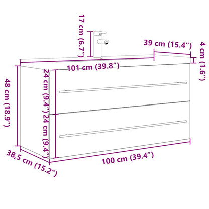 Badkamermeubelset – Badmeubel – Wastafelmeubel – Onderbouwkast – Spiegel – Beton grijs – Wandmontage – Keramische Wasbak 100x38,5x48 cm